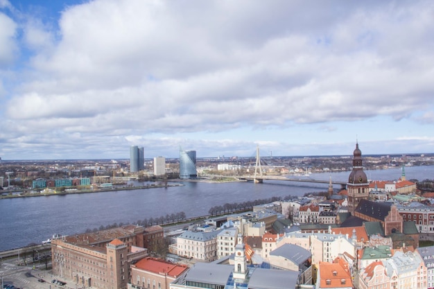 Beautiful view of the city center near the Daugava River in Riga Latvia