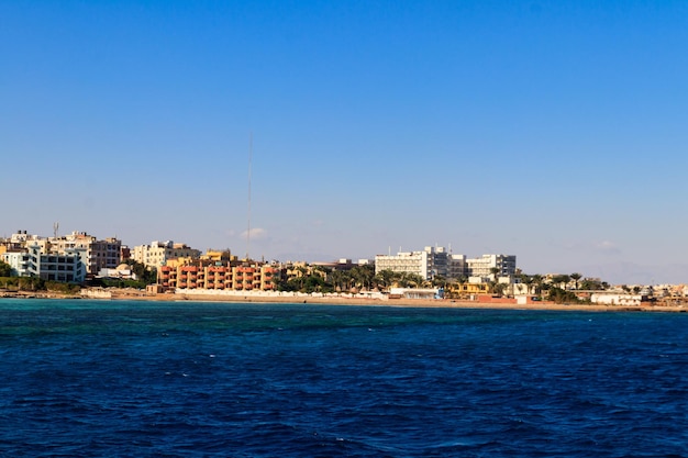 Beautiful view of the coastline with houses and hotels in Hurghada Egypt View from Red sea