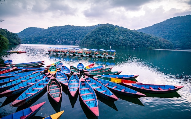 beautiful view of colorful boats at Fewa lake, Pokhara, Nepal