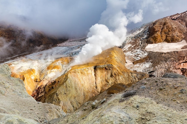 Beautiful view of crater active volcano mountain landscape hot spring and fumarole geothermal