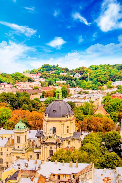 Beautiful view of the Dominican Cathedral, the Assumption Church and the center of Lviv, Ukraine