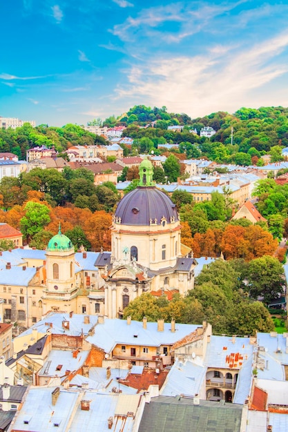 Beautiful view of the Dominican Cathedral, the Assumption Church and the center of Lviv, Ukraine