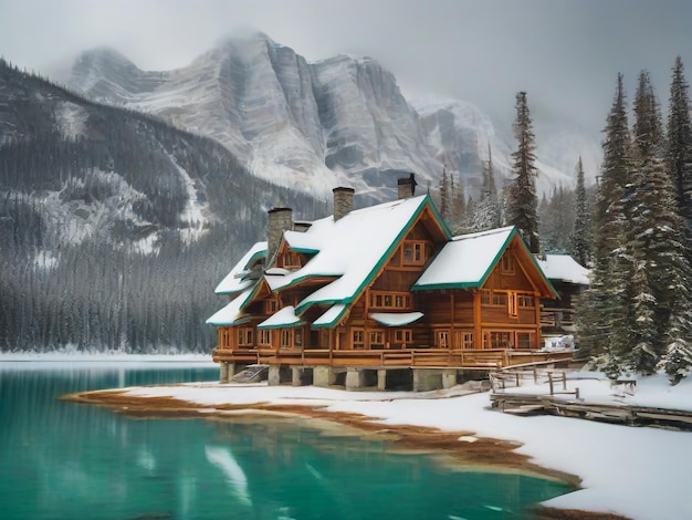 Beautiful view of Emerald Lake with snow covered and wooden lodge glowing in rocky mountains and pin