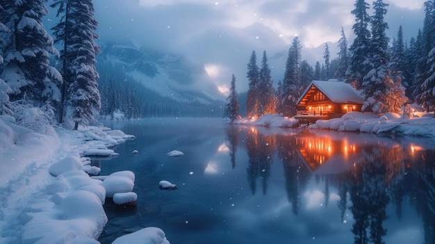 Beautiful view of Emerald Lake with snow covered and wooden lodge glowing in rocky mountains and pine forest on winter at Yoho national park