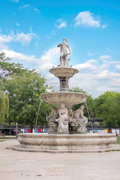 Beautiful view of the fountain with sculptures in Budapest Hungary