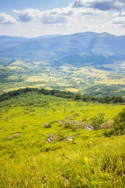 Beautiful view from the Ukrainian Polonynian Beskids to the mountains and valleys Rocky peaks