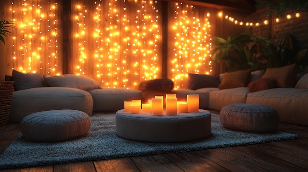 Beautiful view of garden furniture with pillow and burning candles at balcony