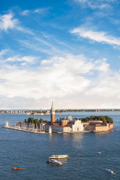 Beautiful view of the gondolas and the Cathedral of San Giorgio Maggiore, on an island in the Veneti