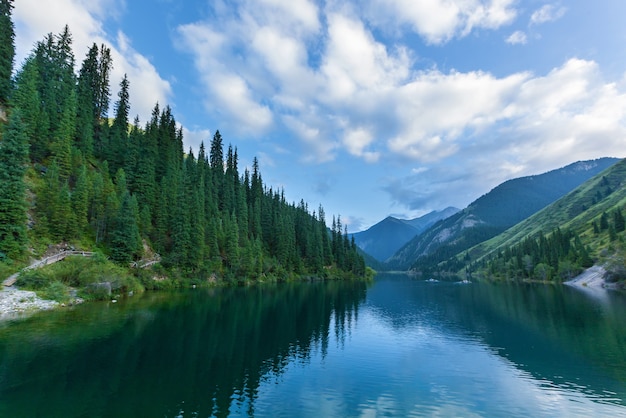 Beautiful view of high mountain lake Kolsai in Kazakhstan, central Asia