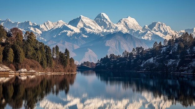 Beautiful view of Himalaya mountains reflected in lake Nepal