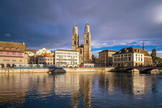 Beautiful view of the historic city center of Zurich on a sunny day with blue sky