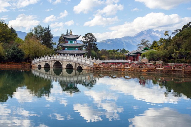 Beautiful view of the Jade Dragon Snow Mountain and the Suocui Bridge 