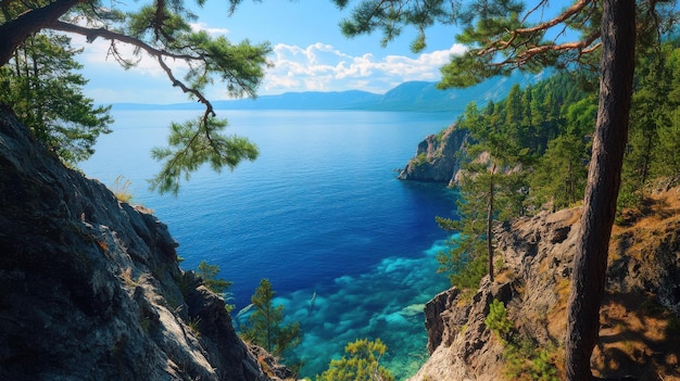 A beautiful view of Lake Baikal39s deep blue waters from a cliffside