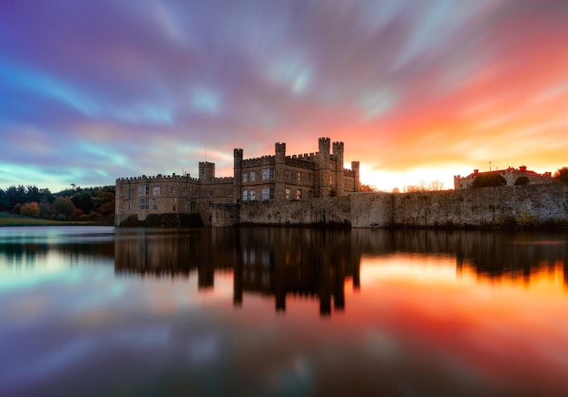 Beautiful view of Leeds Castle at sunset. Kent, England, United Kingdom.