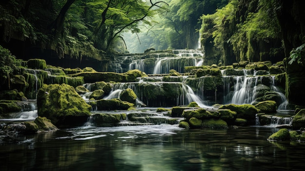 Beautiful view of the long waterfall exposure in green nature