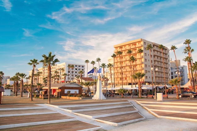 Beautiful view of the main street of Larnaca and Phinikoudes beach in Cyprus