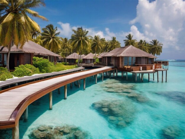 Beautiful view of the Maldives Resort Tropical island with clear blue sky water and coconut trees