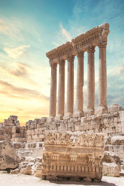 Beautiful view of the Massive columns of the Temple of Jupiter in the ancient city of Baalbek, Leban