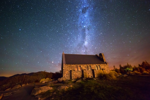 Beautiful view of Milky way at the Church of the Good Shepherd, Lake Tekapo, New Zealand 