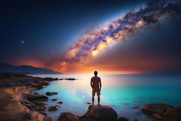 Beautiful view of milky way glowing on the sky with calm sea and a man looking at the stars and sunset