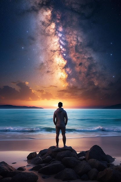 Beautiful view of milky way glowing on the sky with calm sea and a man looking at the stars and sunset