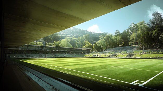 Photo a beautiful view of a modern football stadium with lush green grass and natural surroundings under a clear blue sky