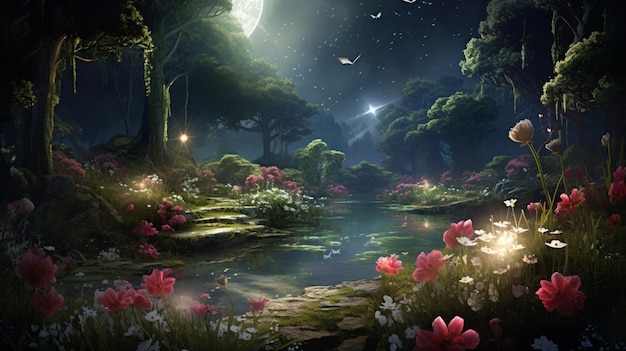 Beautiful view moon flower garden images Generative AI