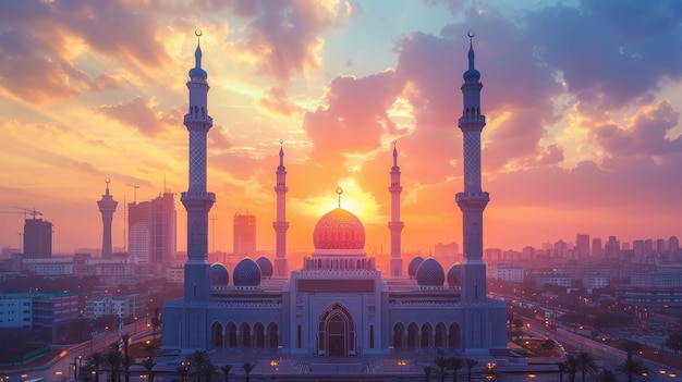 a beautiful view of a mosque with the sun setting behind it