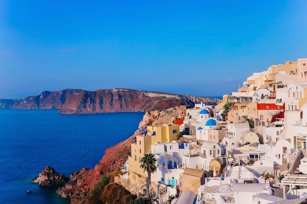 Beautiful view of Oia with traditional white houses Santorini island Greece