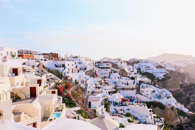 Beautiful view of Oia with traditional white houses Santorini island Greece