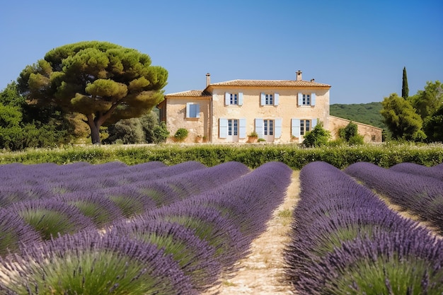 Beautiful view of old house in Provence on a bright sunny day with a lavender field in the foregroundGenerative AI