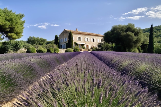 Beautiful view of old house in Provence on a bright sunny day with a lavender field in the foregroundGenerative AI