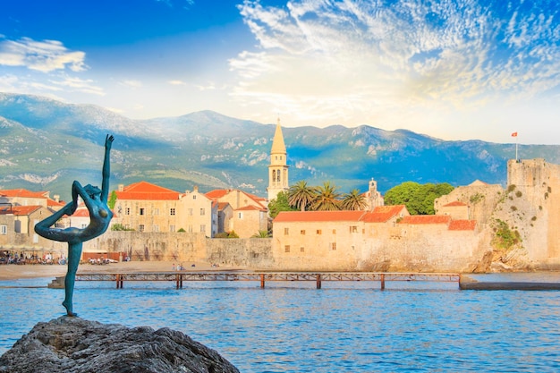 Beautiful view of the old town of Budva and the bell tower of the Church of St. John in BUDVA, MONTE