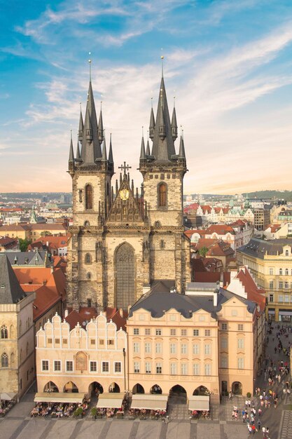 Beautiful view of the Old Town Square, and Tyn Church in Prague, Czech Republic