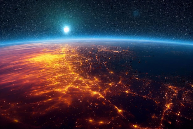 Beautiful view on planet Earth from space at night with city light and digital art style background