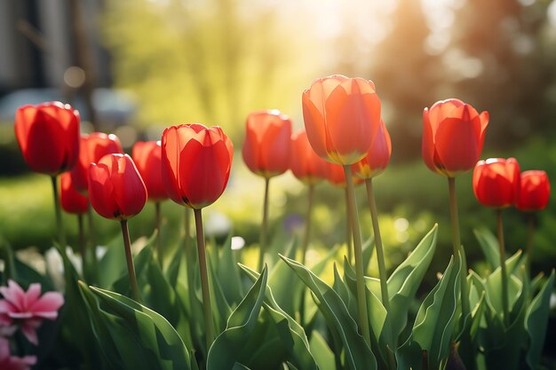 Beautiful view of the red tulip flowers in the garden