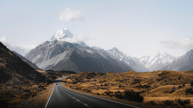 Beautiful view of a road leading to Mount Cook, New Zealand