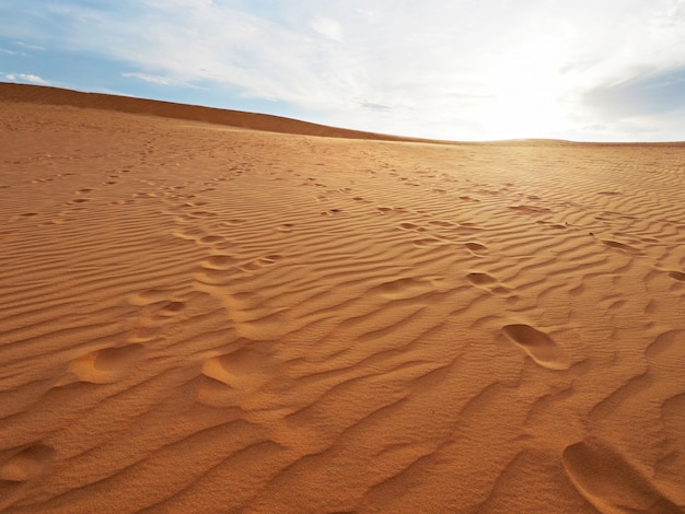 Beautiful view of sand dunes with prints texture. Footprint going over sand dune. 