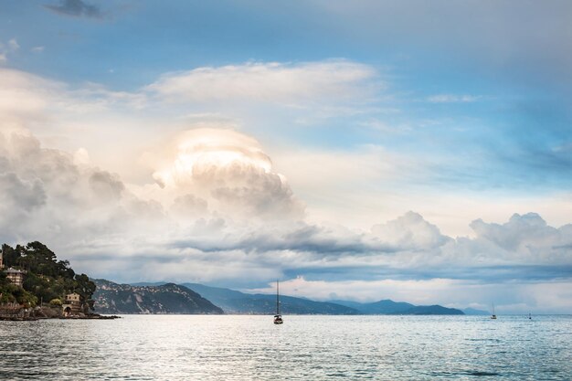 Beautiful view of the sea coast and clouds at sunset. Santa Margherita Ligure, Italy