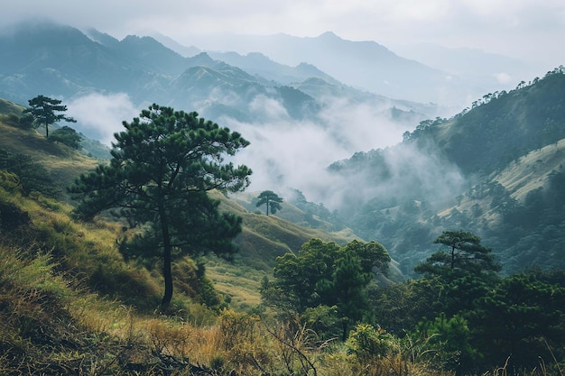 Beautiful view of summer Green hills and a tree forest mountain Nature and landscape travel