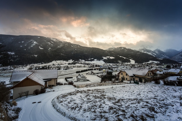 Beautiful view of sunset over the highland village in Austrian Alps