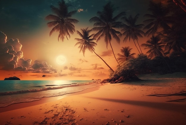 Beautiful view of sunset with coconut trees generative ai