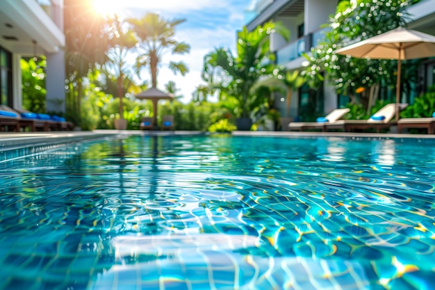 Photo beautiful view of swimming pool with clear blue water with sunlight reflections