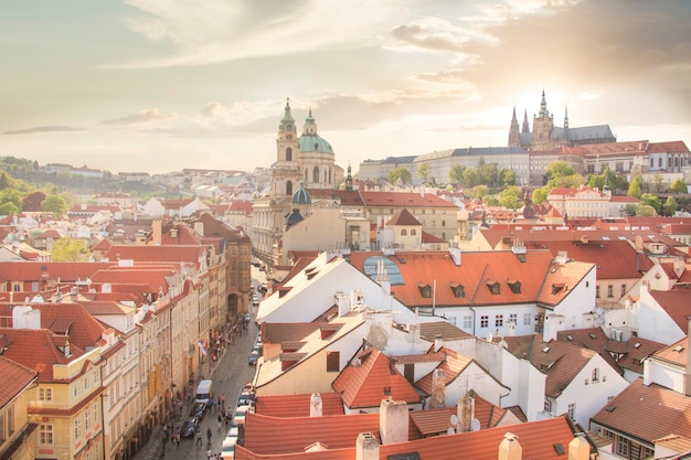 Beautiful view of tiled roofs in Prague's historic district, Czech Republic