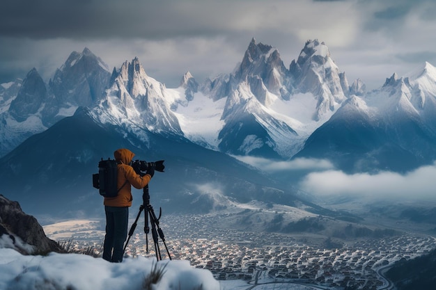 Beautiful view on town in the mountains Side view of a senior man taking pictures with camera