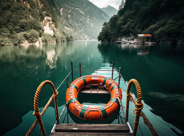 Beautiful view of traditional wooden rowing boat on scenic Lago di Braies in the Dolomites in scenic morning light at sunrise Created with Generative AI technology