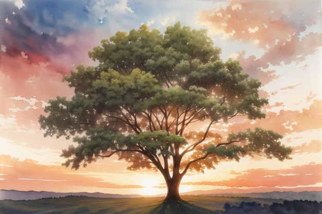 The beautiful view of a tree on a green plain at sunset