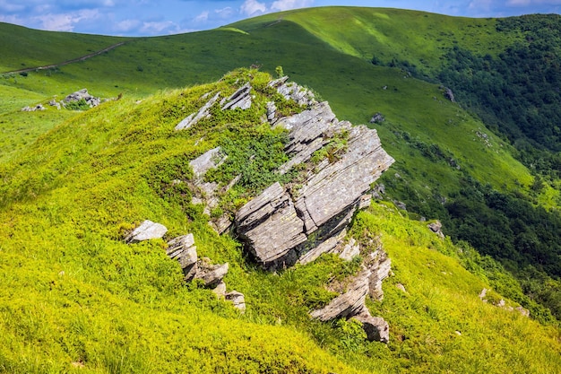 Beautiful view on the Ukrainian Polonynian Beskids to the mountains and valleys Rocky peaks