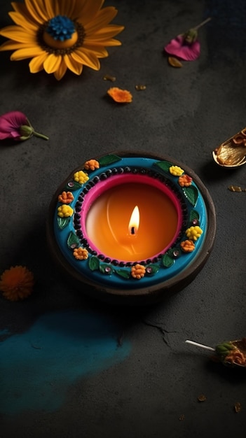 A beautiful view of various colored dal lighting designs with candles for diwali