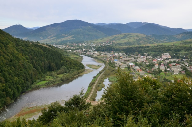 A beautiful view of the village of Mezhgorye, Carpathian region. 